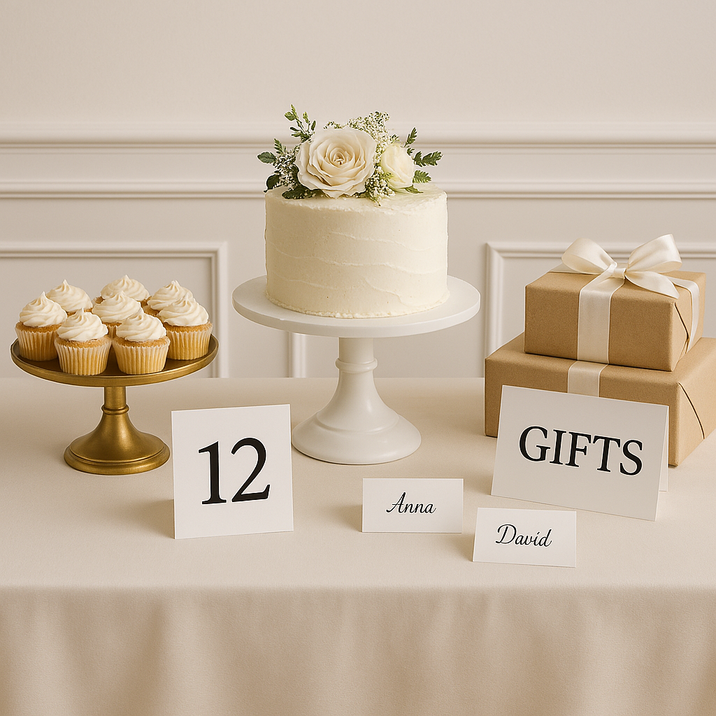 6 vanilla cupcakes on a gold pedestal, a white wedding cake topped with white flowers on a white pedistal, and two gidt boxes wrapped in gold and white robbon, sitting on a table with a white tablecloth