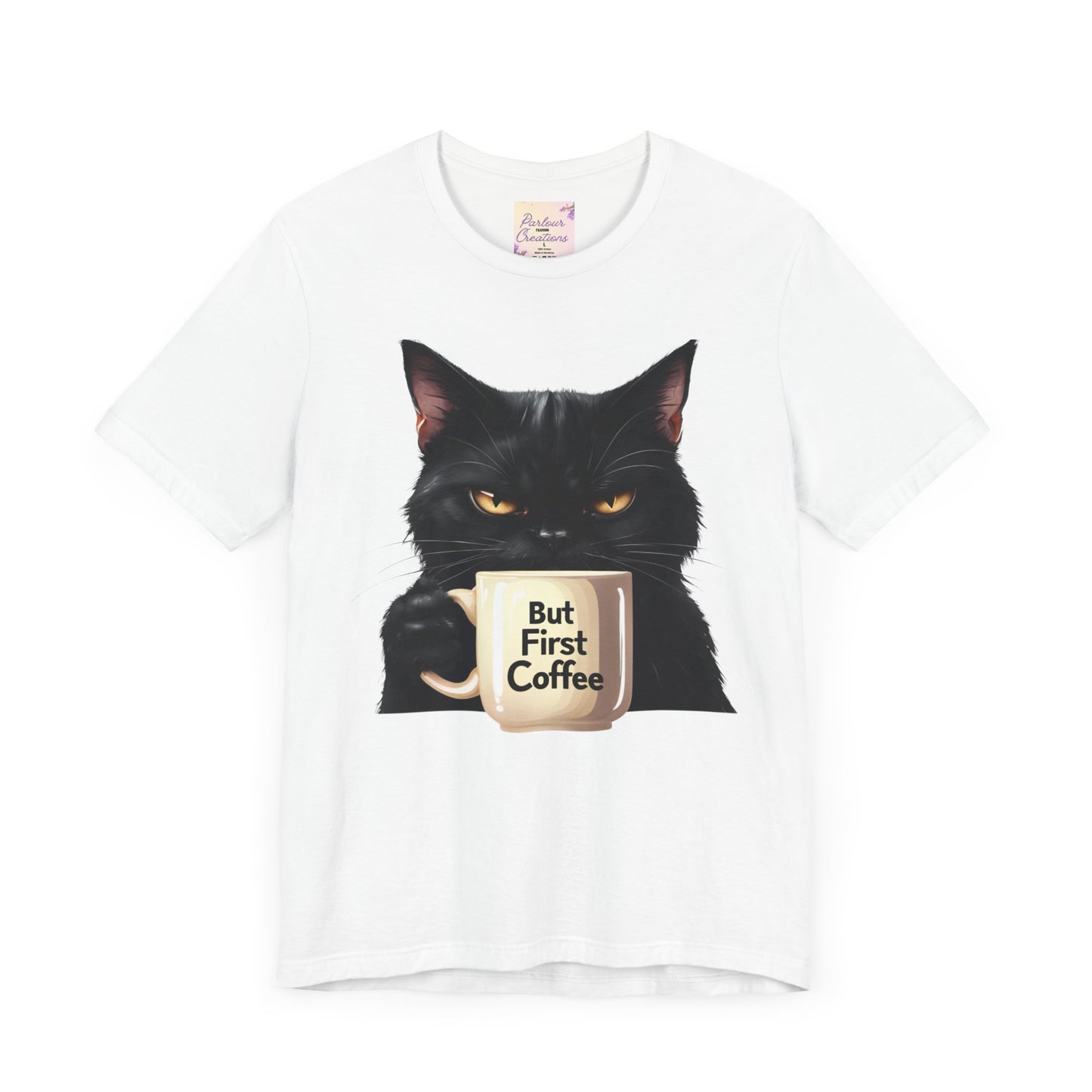 "But First Coffee" Cute Cat Unisex Tee - Fun T-Shirt for Cat Lovers, Perfect Gift, Casual Wear, Coffee Enthusiast, Birthday, Holidays