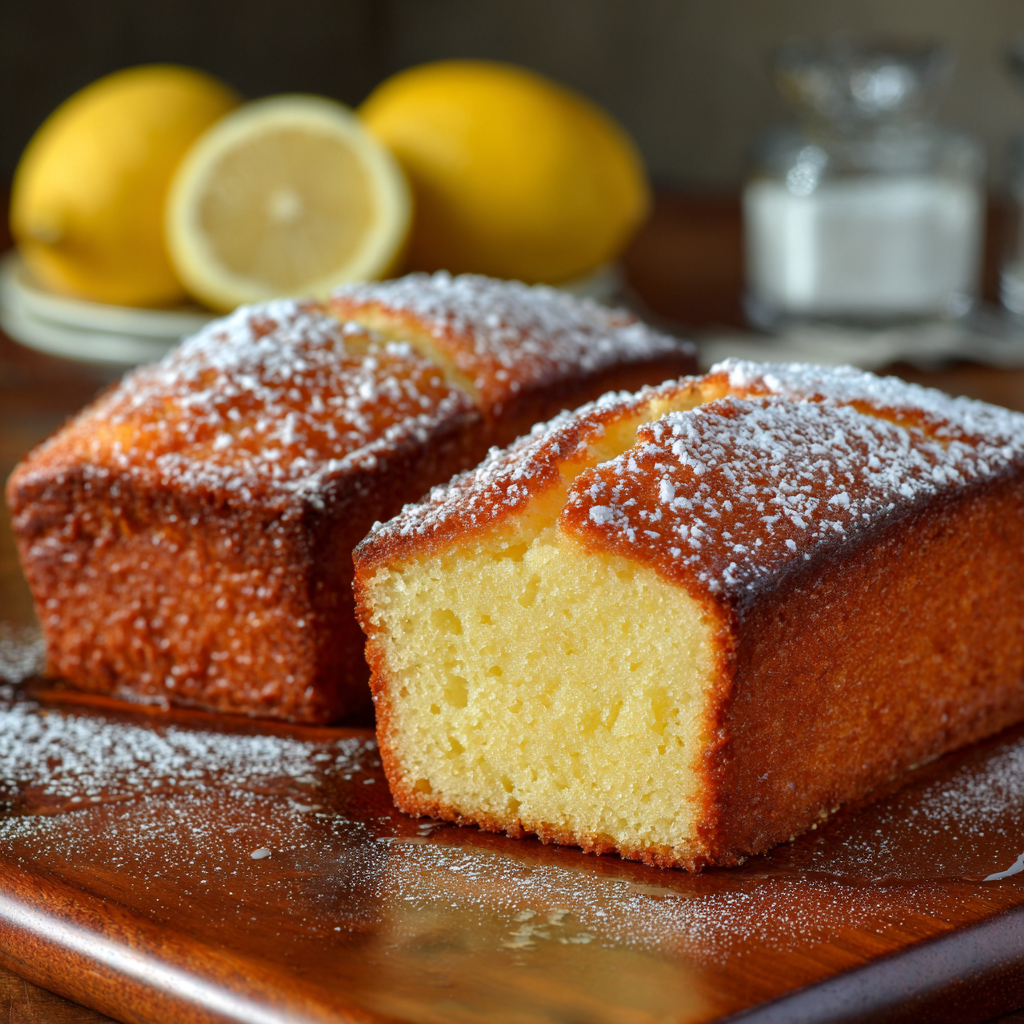 Lemon cake with a slice cut, dusted with powdered sugar, on a wooden board with lemons in the background.