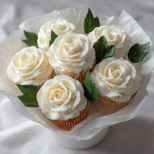 6 cupcakes decorated with white buttercream to look like roses