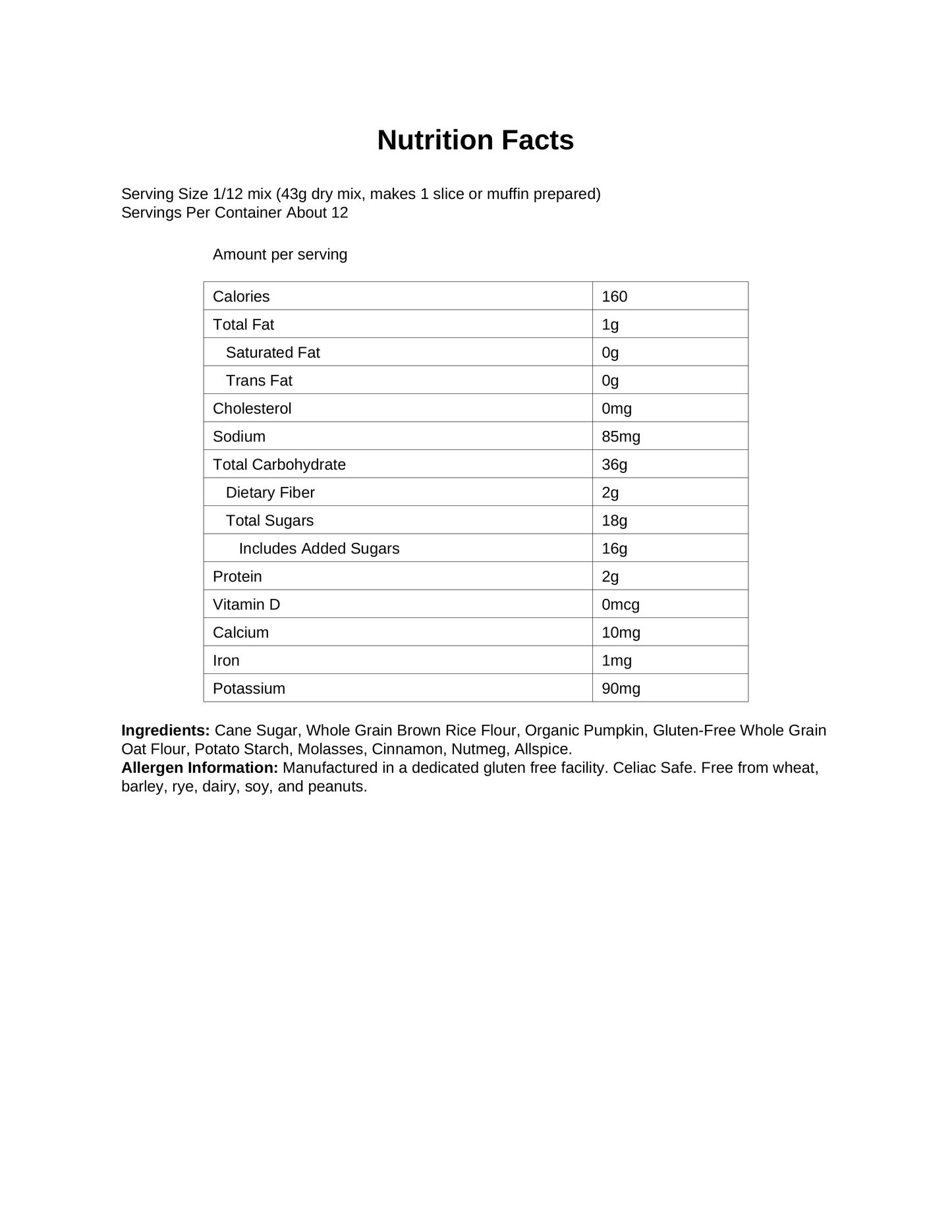 Celiac Safe Freshly Milled Pumpkin Bread & Muffin Mix 1 lb (16 oz) – Organic Pumpkin, Brown Rice, Oat & Spice Blend