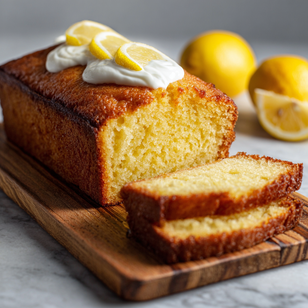 Lemon cake with whipped cream and lemon slices on a wooden board with lemons in the background.