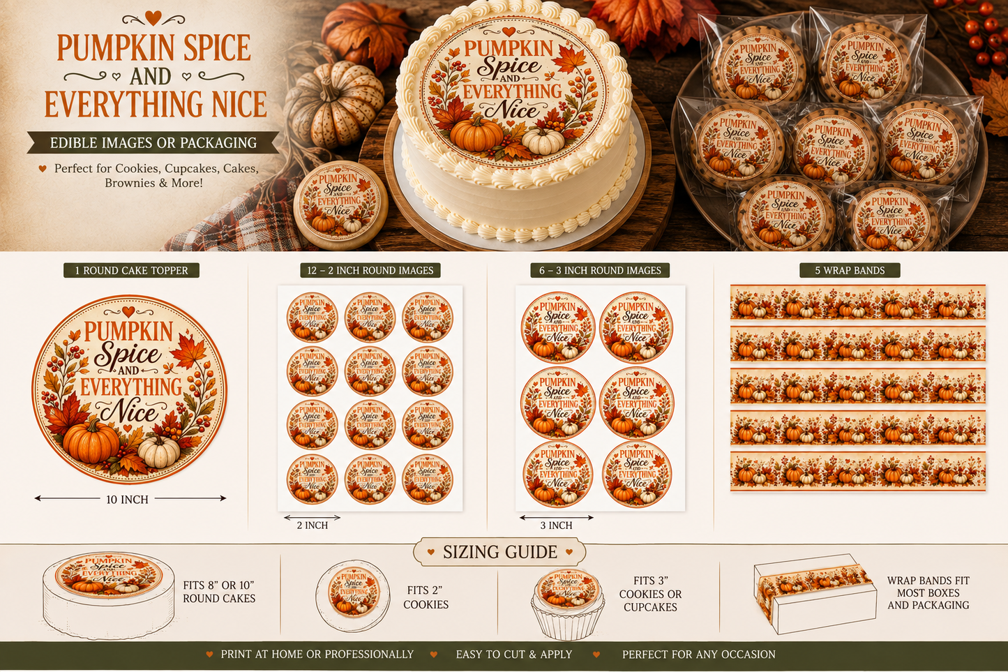 Pumpkin Spice Edible Image Printables | Cake, 2 Inch & 3 Inch Rounds