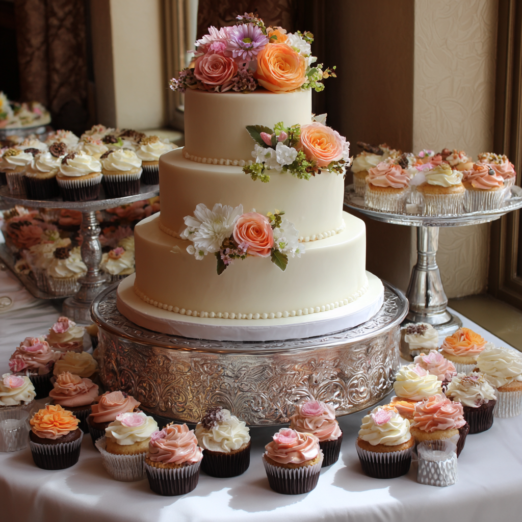 Vanilla Wedding cake with peach colored flowers on a silver cake stand, ona  white tablecloth surrounded by small vanilla and chocolate cupcakes