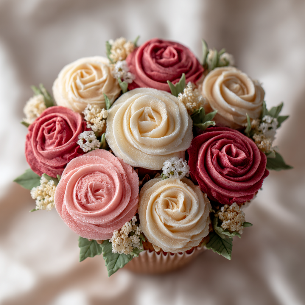 8 Cupcakes with cream, light pink and mauve butter cream to look like roses