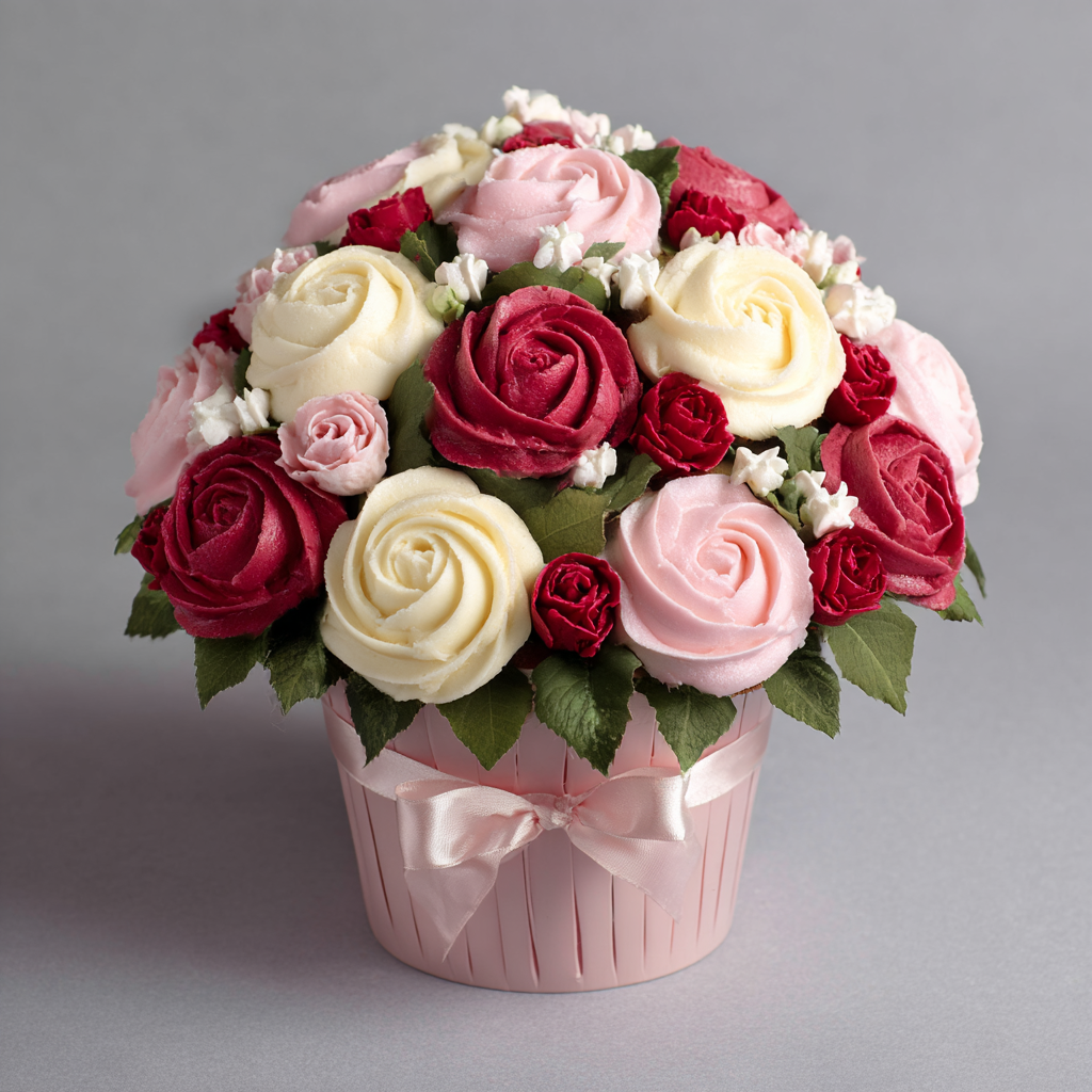 12 cupcakes in a carboard pot wrapped in a pink bow and pink paper, decorated with buttercream in the colors of white, light pink and red buttercream, with green leaves , to look like roses